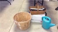 Box Of Christmas Decor, Wicker Basket, Water Can