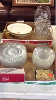 (2) Boxes  Limoge Bowls, Etched Vase, Glass Plates