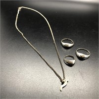 Three Sterling Silver Rings and One SS Chain