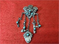 Brooch w/ 3 Heads and Turquoise