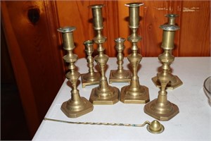 Brass candlestick lot including 2 pairs of