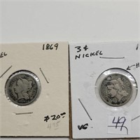 2- 1869 3 CENT NICKELS