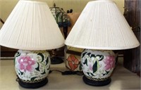 pair of Oriental floral table lamps w/shades