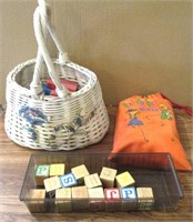 Vintage Wood ABC & Building Blocks & Basket