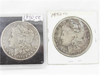 2 Morgan Carson City dollars, 1882 CC & 1890 CC