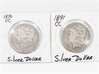 2 Morgan Carson City dollars, 1890 CC & 1891 CC