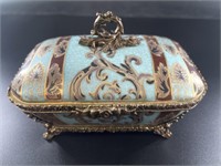 Brass and hand painted porcelain lidded trinket bo