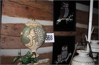 2 Owl Prints and Wall Sconce