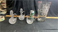 Crystal cruets, glass vase & creamer