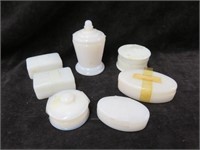 7 PC ASSORTED VINTAGE MILK GLASS COVERED BOXES