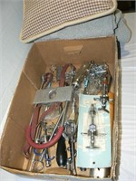 BOX OF VETERINARY TOOLS, STACK OF TOWELS, THROW