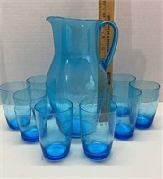 Blue etched glass lemonade set