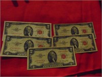 (5) 1953 $2 Red Seal Notes