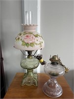 Vintage table lamp. Green glass oil lamp