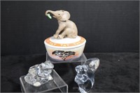 Lenox,Porcelain Elephant Music Box & Crystal Frog