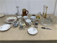 Glassware, painted cups, saucers, vases, candy