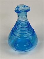 Vintage Crackle Glass Vase Blue W/Ruffle Lip  and