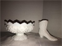 Fenton boot and candle stand white hobnail
