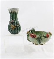 Majolica Style Frog Vase & Open Bowl Set
