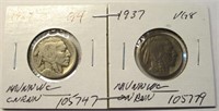 (2) Buffalo Nickels 1927, 1937