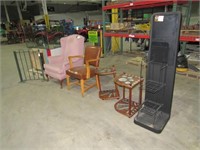 Chairs, Display Case and Pool Cue Stands-