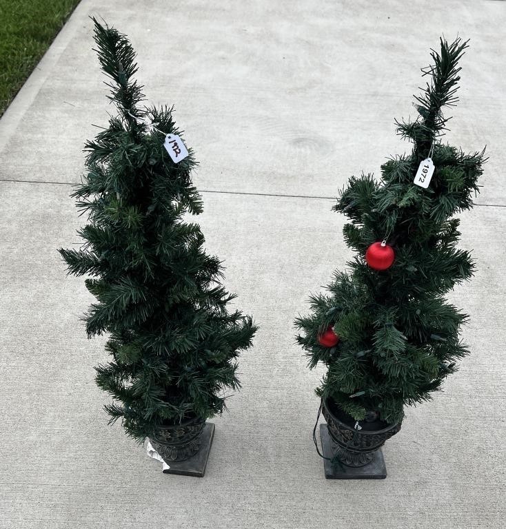 Pair of Christmas Trees, 42 inches tall, lighted.