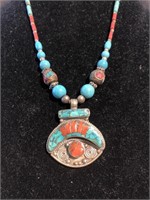 Vintage Zuni style necklace turquoise and coral