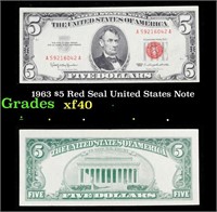 1963 $5 Red Seal United States Note Grades xf