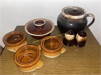 Group of brown drip and brown pottery