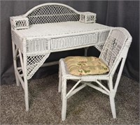 WHITE WICKER DESK WITH DRAWER & CHAIR