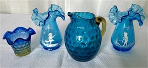 4 Blue Glass Pitcher & Vases incl 2 Mary Gregory