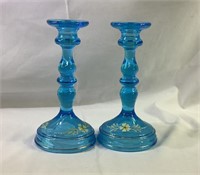 8.5 inch vintage hand-painted blue candle sticks