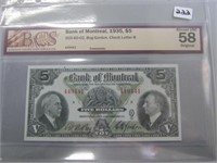 Almost Unc, Graded 1935 Bank of Montreal $5 Paper