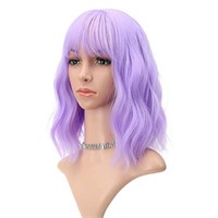 FAELBATY Wavy Wig Short Purple Wigs With Air Bangs