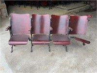 Antique Theatre Chairs, wood w/ ornate iron frame,