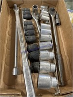 FLAT OF MISC SOCKETS, RATCHETS, EXTENSIONS, SOME