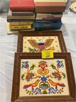 FRAMED NEEDLEPOINT PICTURES, 2 STACKS OF BOOKS