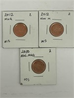 Three Canada Small Cent Coins - 2012 Non Mag,