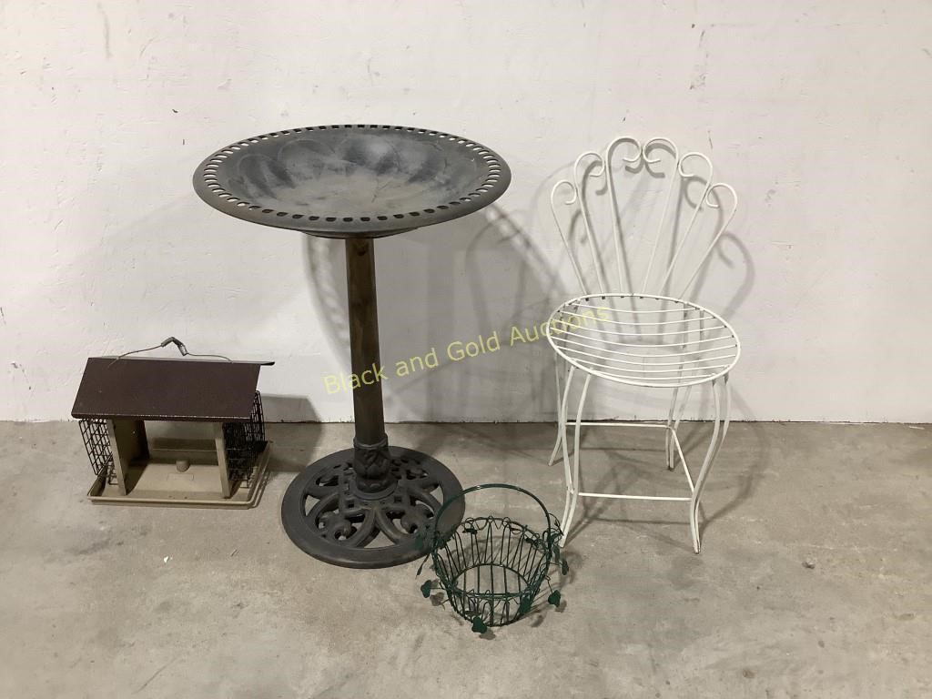 Metal Birdbath,Wire Chair,Basket,&Bird Feeder