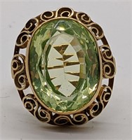 14 Kt YG, Filigree & Large Green Stone Ring