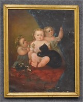 19th C. Oil on Canvas Portrait of Young Children