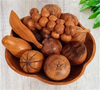 Vintage HAND CARVED TEAK WOOD BOWL of FRUIT