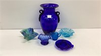 Lovely blue glass lot: 10.5 inch tall vase, small