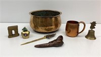 Metalwares: copper plated bowl, copper mug, brass