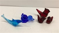 (5) pieces of art glass figurines.  The 3 red