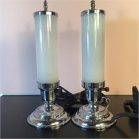 PAIR GLASS & CHROME LAMPS