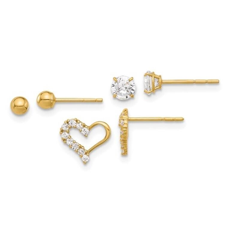 14K- Polished Ball and Heart Post Earring Set