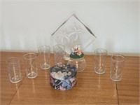 6pc Glass Set, Hawaii Sculpture, Floral tin and