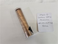 Roll, 1960 D Small Date Pennies, UNC, Coins