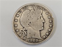 1908 D Silver Barber Half Dollar Coin